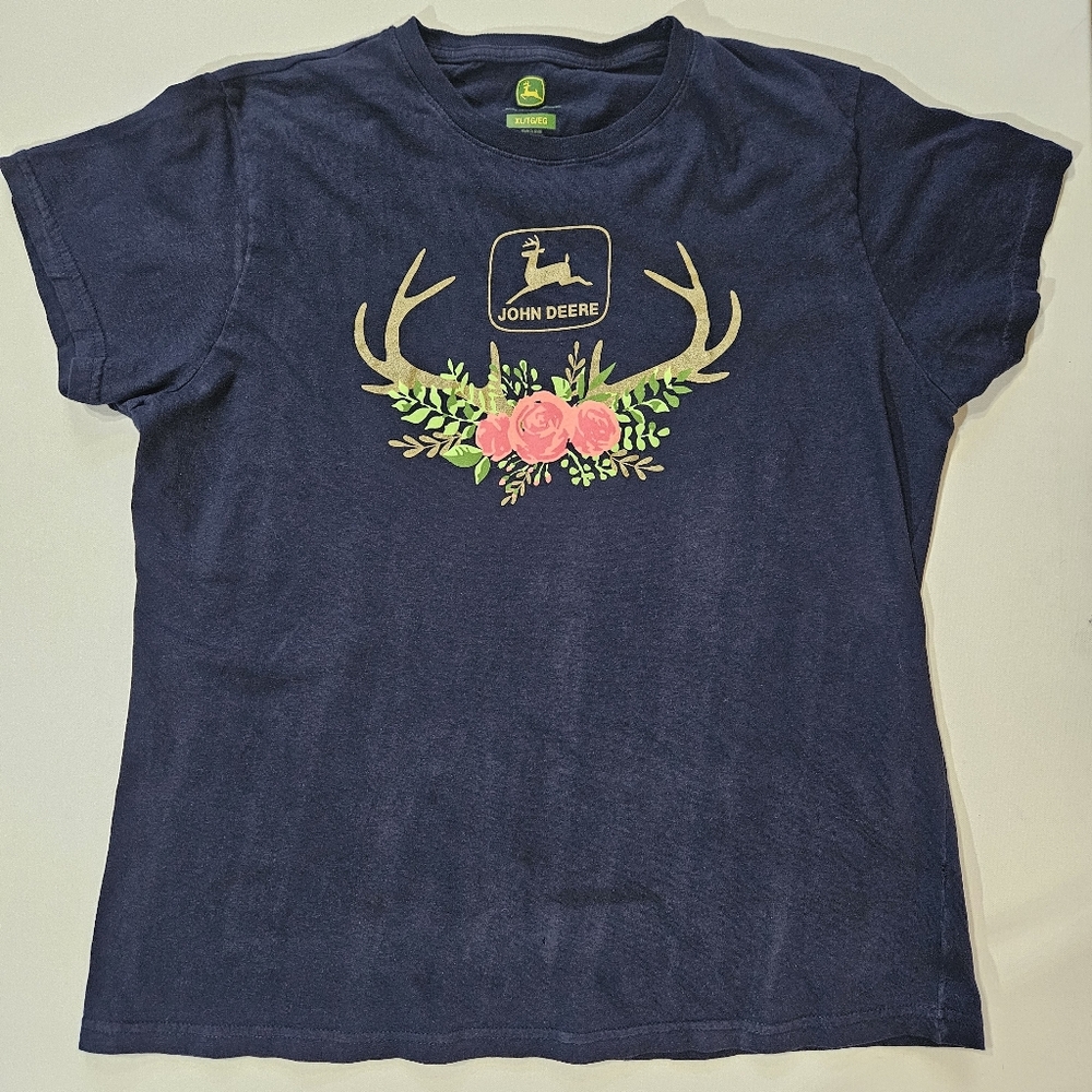 John Deere T-Shirt Womens XL Navy Blue Gold Antler Pink Flower Graphic‎ Tee